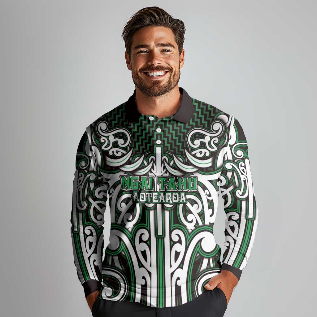Custom Aotearoa Ngai Tahu Long Sleeve Polo Shirt Maori Tribal Pattern Mix Poutama