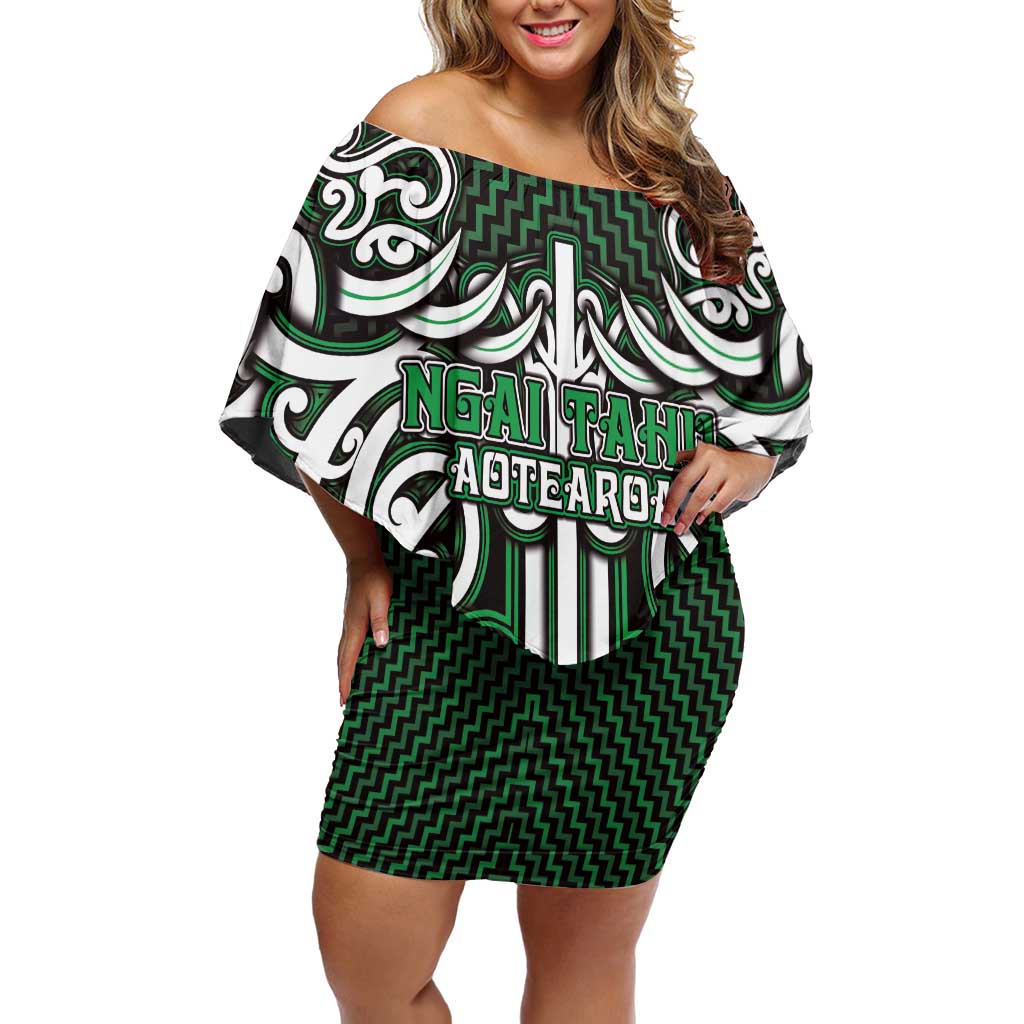 Custom Aotearoa Ngai Tahu Off Shoulder Short Dress Maori Tribal Pattern Mix Poutama LT05 Women Green - Polynesian Pride