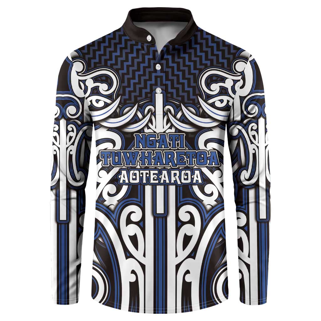 Custom Aotearoa Ngati Tuwharetoa Button Sweatshirt Maori Tribal Pattern Mix Poutama LT05 Navy - Polynesian Pride