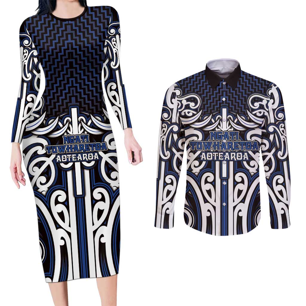 Custom Aotearoa Ngati Tuwharetoa Couples Matching Long Sleeve Bodycon Dress and Long Sleeve Button Shirt Maori Tribal Pattern Mix Poutama LT05 Navy - Polynesian Pride