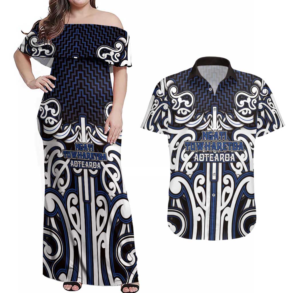 Custom Aotearoa Ngati Tuwharetoa Couples Matching Off Shoulder Maxi Dress and Hawaiian Shirt Maori Tribal Pattern Mix Poutama