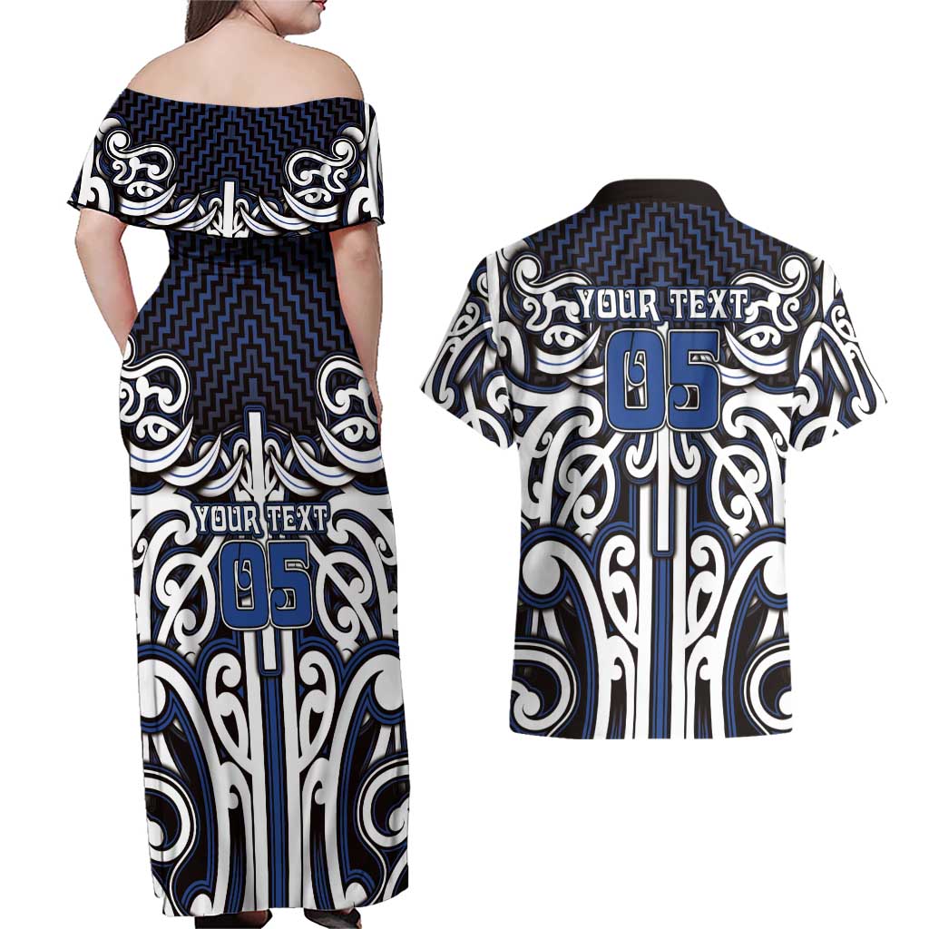 Custom Aotearoa Ngati Tuwharetoa Couples Matching Off Shoulder Maxi Dress and Hawaiian Shirt Maori Tribal Pattern Mix Poutama