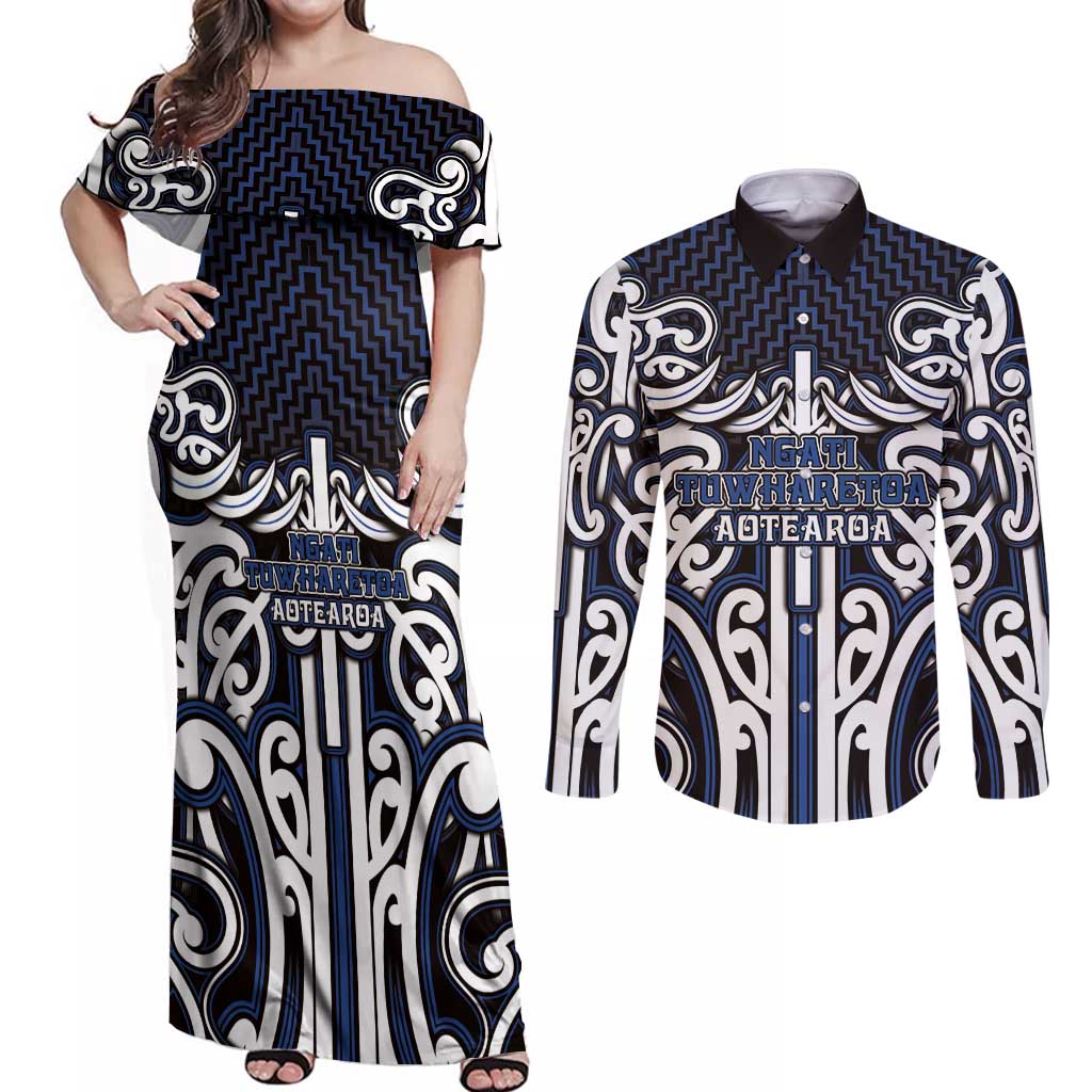 Custom Aotearoa Ngati Tuwharetoa Couples Matching Off Shoulder Maxi Dress and Long Sleeve Button Shirt Maori Tribal Pattern Mix Poutama LT05 Navy - Polynesian Pride
