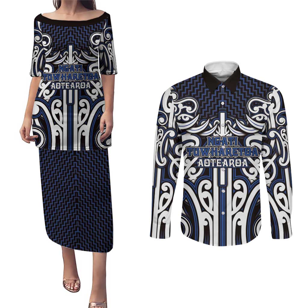 Custom Aotearoa Ngati Tuwharetoa Couples Matching Puletasi and Long Sleeve Button Shirt Maori Tribal Pattern Mix Poutama LT05 Navy - Polynesian Pride