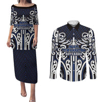 Custom Aotearoa Ngati Tuwharetoa Couples Matching Puletasi and Long Sleeve Button Shirt Maori Tribal Pattern Mix Poutama LT05 Navy - Polynesian Pride
