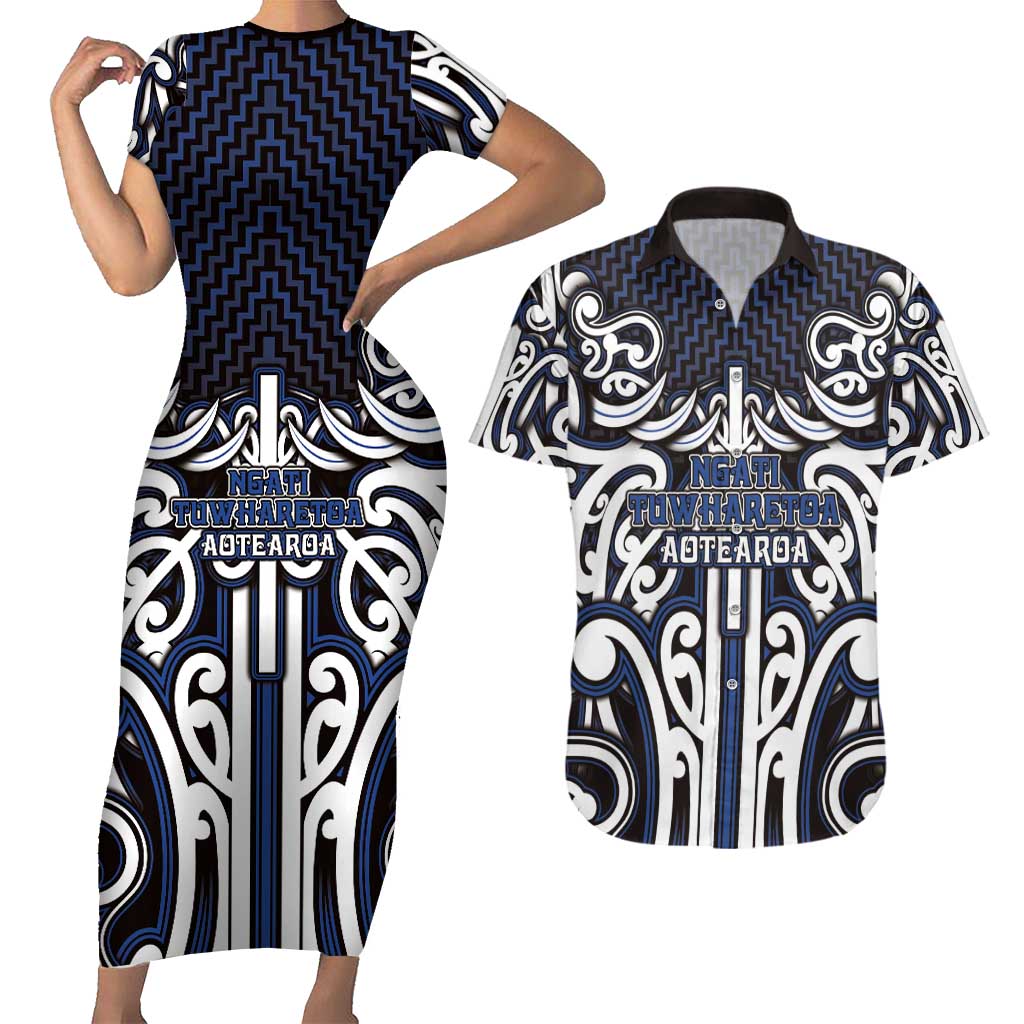 Custom Aotearoa Ngati Tuwharetoa Couples Matching Short Sleeve Bodycon Dress and Hawaiian Shirt Maori Tribal Pattern Mix Poutama