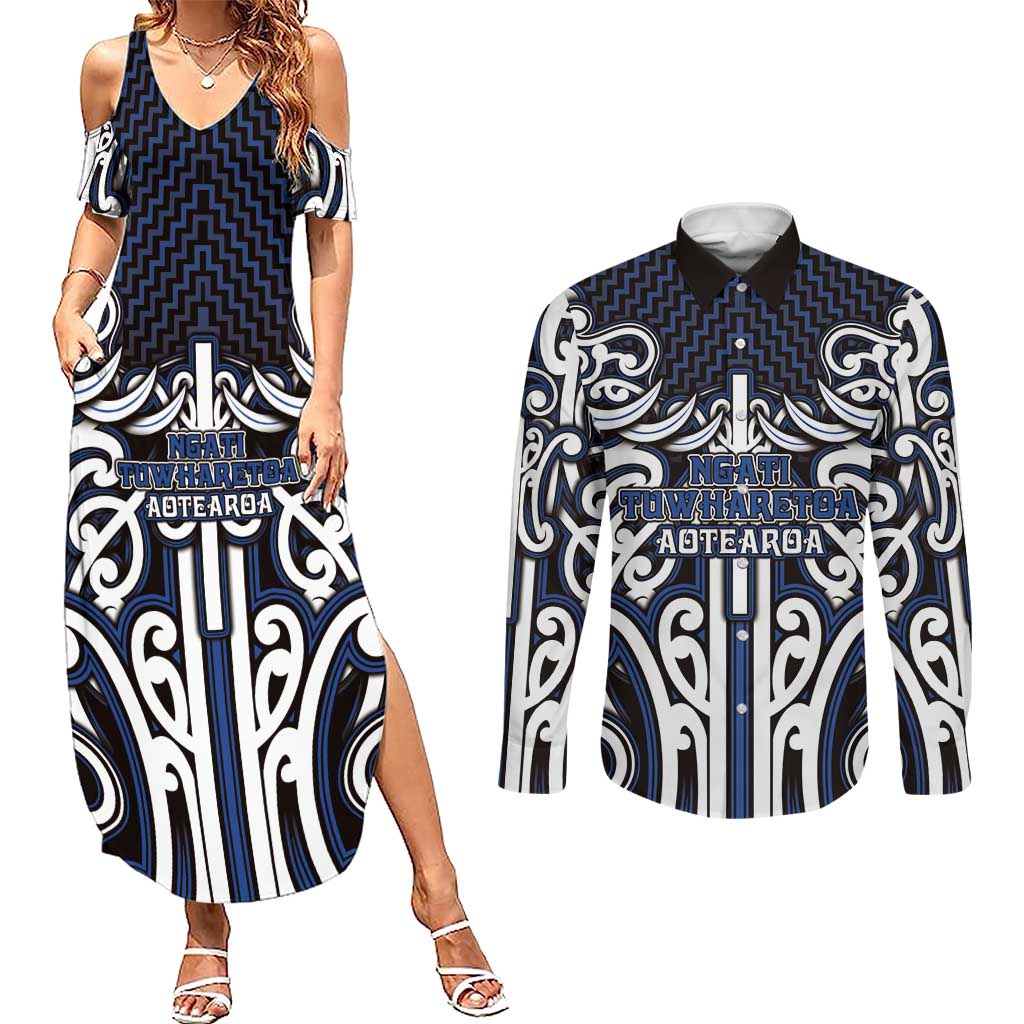 Custom Aotearoa Ngati Tuwharetoa Couples Matching Summer Maxi Dress and Long Sleeve Button Shirt Maori Tribal Pattern Mix Poutama LT05 Navy - Polynesian Pride