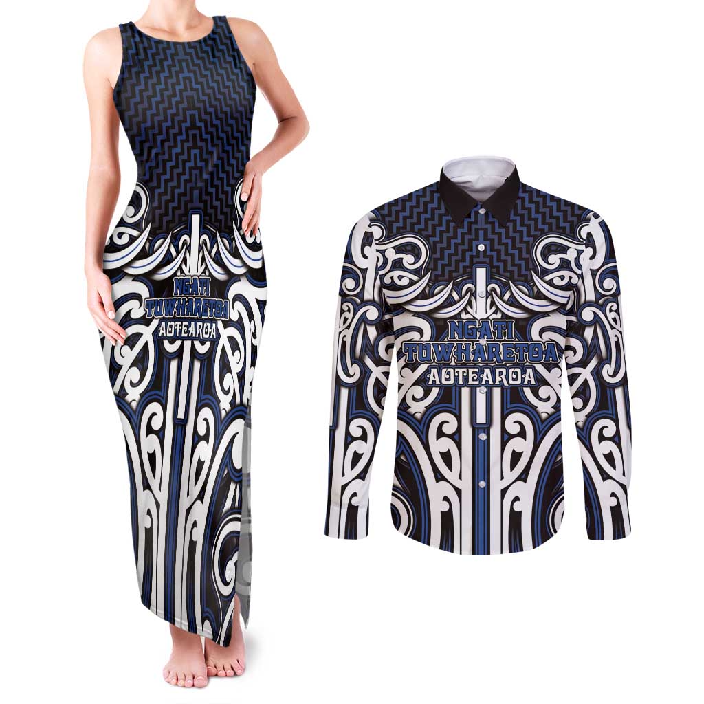 Custom Aotearoa Ngati Tuwharetoa Couples Matching Tank Maxi Dress and Long Sleeve Button Shirt Maori Tribal Pattern Mix Poutama