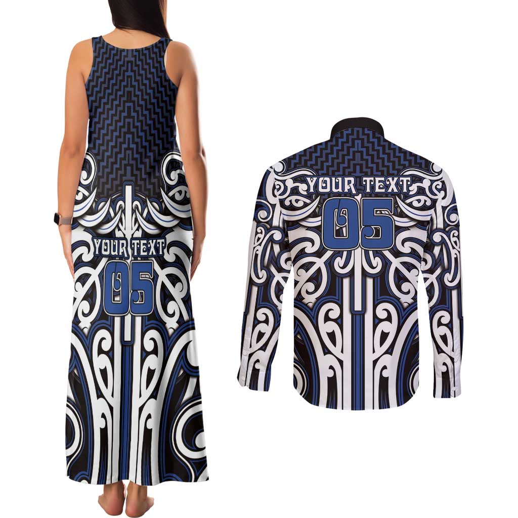 Custom Aotearoa Ngati Tuwharetoa Couples Matching Tank Maxi Dress and Long Sleeve Button Shirt Maori Tribal Pattern Mix Poutama