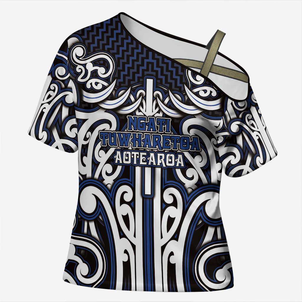 Custom Aotearoa Ngati Tuwharetoa Cross Shoulder Shirt Maori Tribal Pattern Mix Poutama LT05 Female Navy - Polynesian Pride