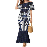 Custom Aotearoa Ngati Tuwharetoa Family Matching Mermaid Dress and Hawaiian Shirt Maori Tribal Pattern Mix Poutama LT05 Mom's Dress Navy - Polynesian Pride
