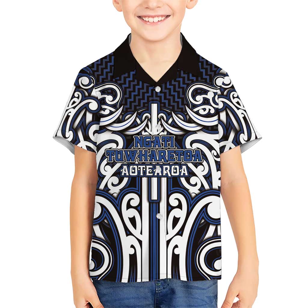 Custom Aotearoa Ngati Tuwharetoa Family Matching Off The Shoulder Long Sleeve Dress and Hawaiian Shirt Maori Tribal Pattern Mix Poutama LT05 Son's Shirt Navy - Polynesian Pride