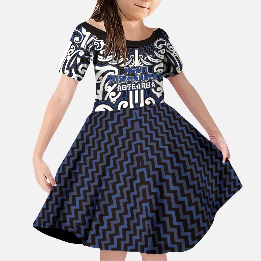 Custom Aotearoa Ngati Tuwharetoa Family Matching Summer Maxi Dress and Hawaiian Shirt Maori Tribal Pattern Mix Poutama LT05 Daughter's Dress Navy - Polynesian Pride