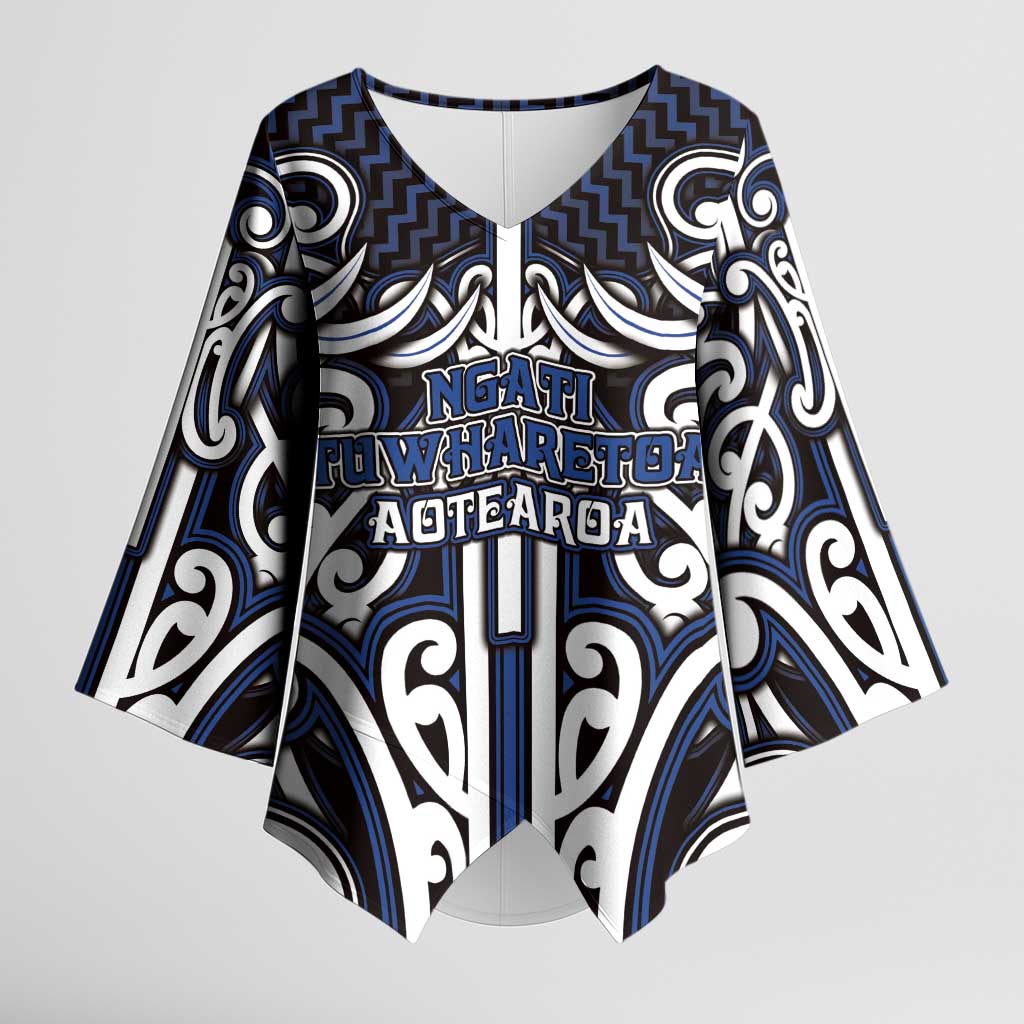 Custom Aotearoa Ngati Tuwharetoa Kimono Sleeve Blouse Maori Tribal Pattern Mix Poutama LT05 Female Navy - Polynesian Pride