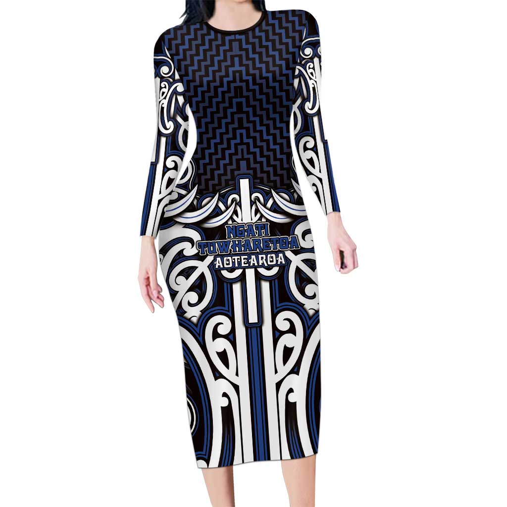 Custom Aotearoa Ngati Tuwharetoa Long Sleeve Bodycon Dress Maori Tribal Pattern Mix Poutama LT05 Long Dress Navy - Polynesian Pride