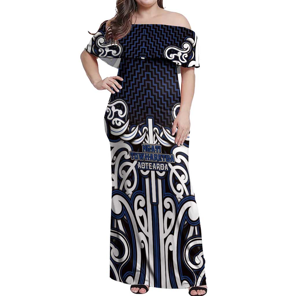 Custom Aotearoa Ngati Tuwharetoa Off Shoulder Maxi Dress Maori Tribal Pattern Mix Poutama LT05 Women Navy - Polynesian Pride