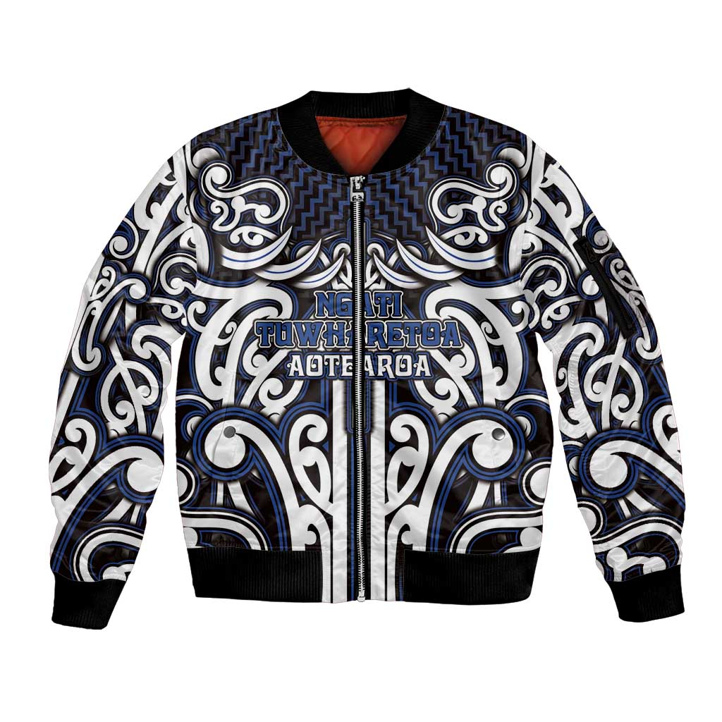Custom Aotearoa Ngati Tuwharetoa Sleeve Zip Bomber Jacket Maori Tribal Pattern Mix Poutama LT05 Unisex Navy - Polynesian Pride