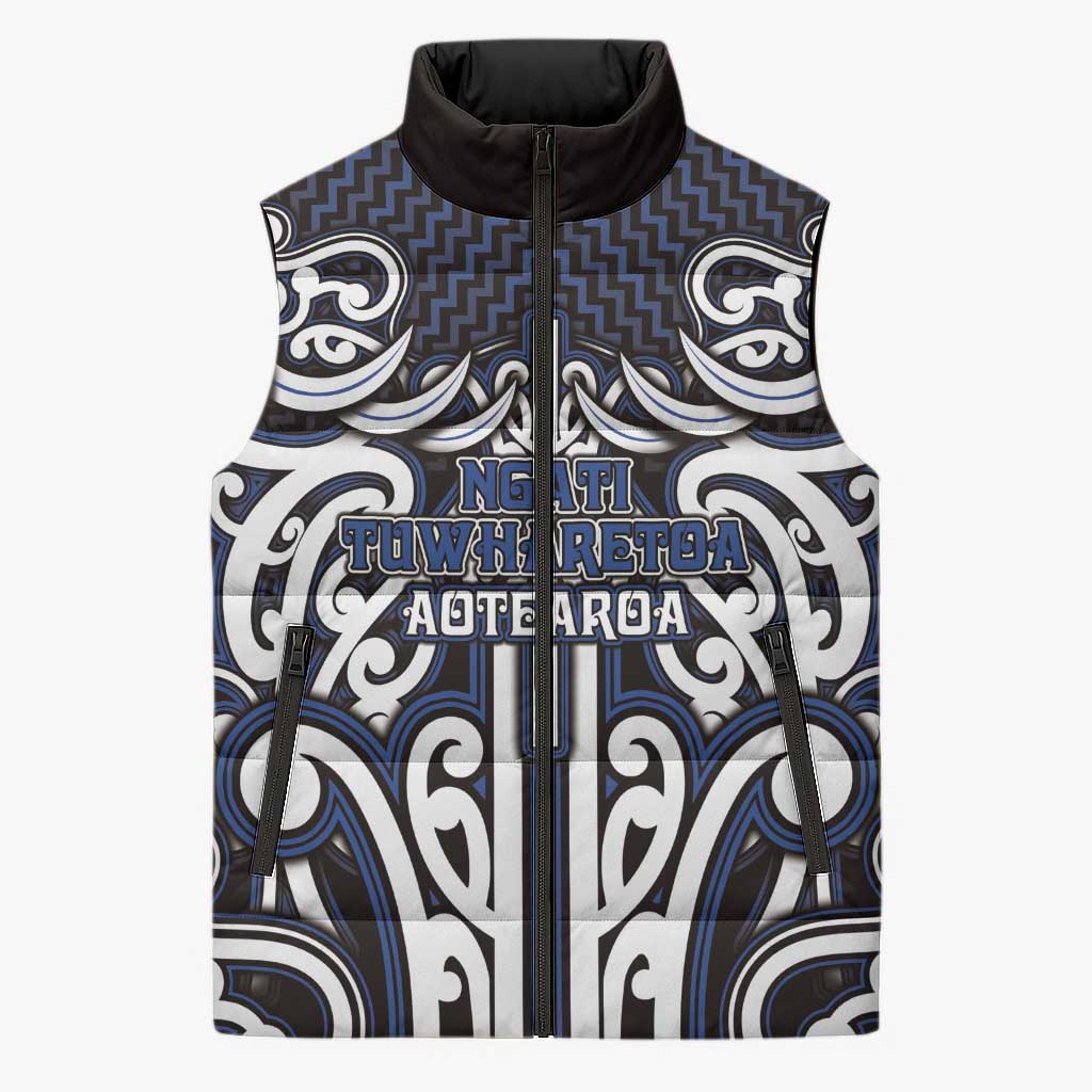 Custom Aotearoa Ngati Tuwharetoa Sleeveless Puffer Jacket Maori Tribal Pattern Mix Poutama LT05 Unisex Navy - Polynesian Pride