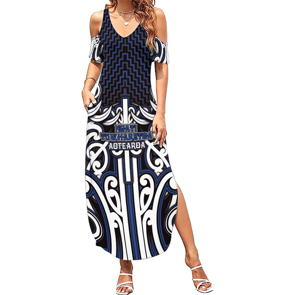 Custom Aotearoa Ngati Tuwharetoa Summer Maxi Dress Maori Tribal Pattern Mix Poutama LT05 Women Navy - Polynesian Pride