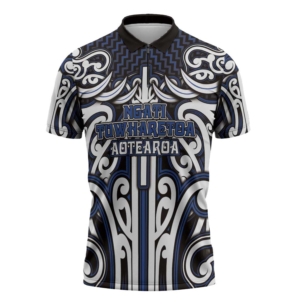 Custom Aotearoa Ngati Tuwharetoa Zipper Polo Shirt Maori Tribal Pattern Mix Poutama