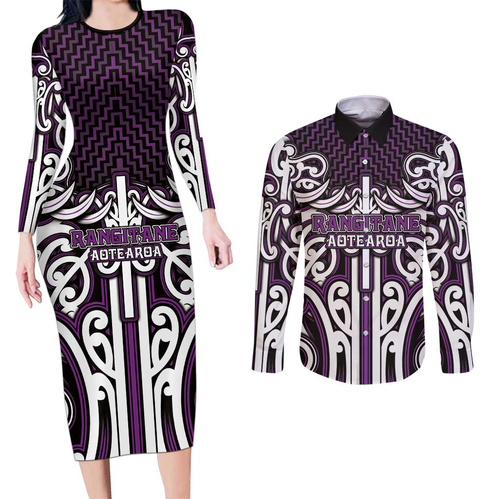Custom Aotearoa Rangitane Couples Matching Long Sleeve Bodycon Dress and Long Sleeve Button Shirt Maori Tribal Pattern Mix Poutama LT05 Purple - Polynesian Pride