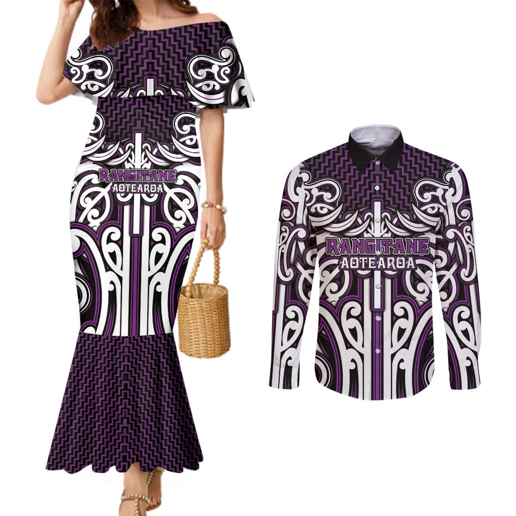 Custom Aotearoa Rangitane Couples Matching Mermaid Dress and Long Sleeve Button Shirt Maori Tribal Pattern Mix Poutama LT05 Purple - Polynesian Pride