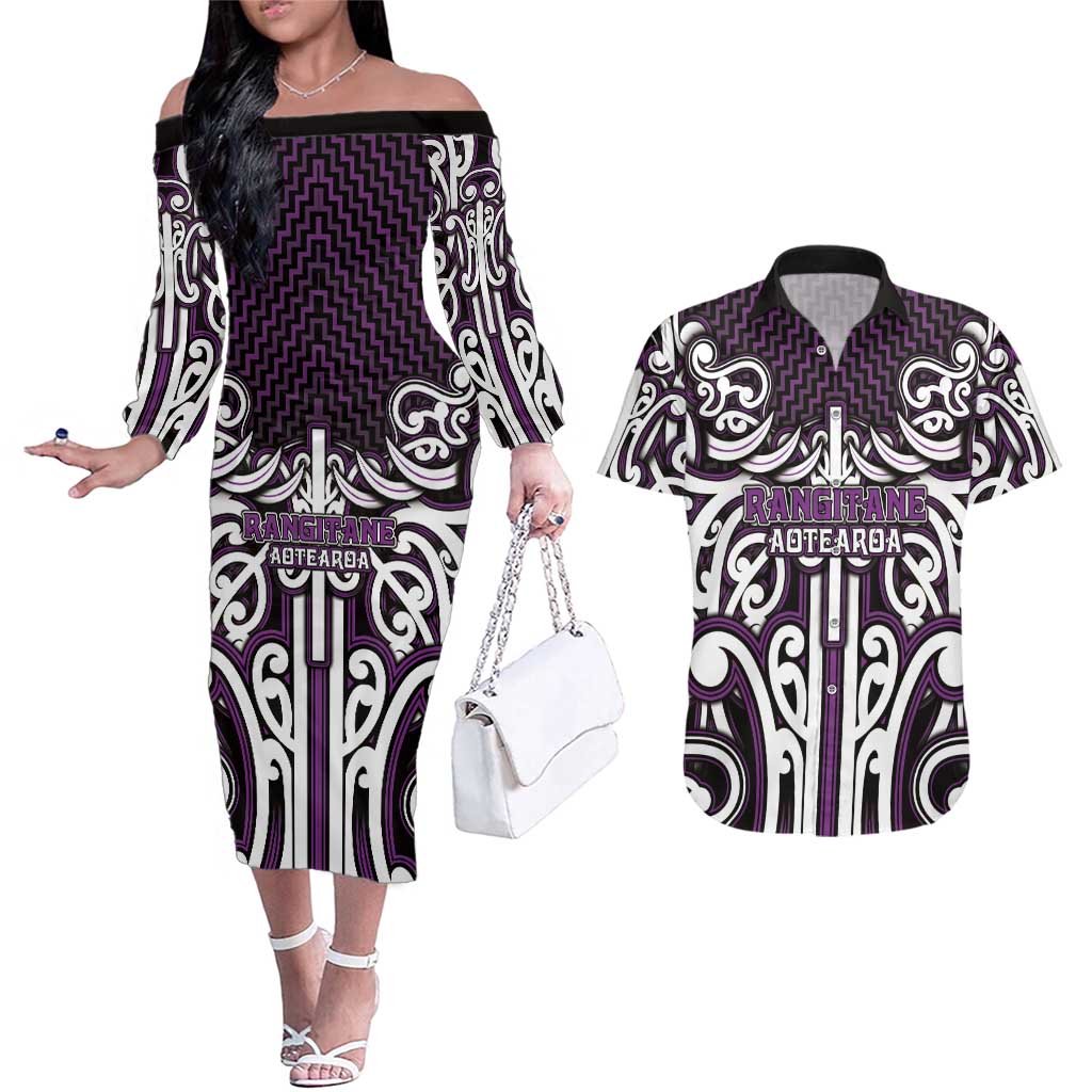 Custom Aotearoa Rangitane Couples Matching Off The Shoulder Long Sleeve Dress and Hawaiian Shirt Maori Tribal Pattern Mix Poutama LT05 Purple - Polynesian Pride