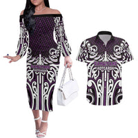 Custom Aotearoa Rangitane Couples Matching Off The Shoulder Long Sleeve Dress and Hawaiian Shirt Maori Tribal Pattern Mix Poutama LT05 Purple - Polynesian Pride