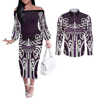 Custom Aotearoa Rangitane Couples Matching Off The Shoulder Long Sleeve Dress and Long Sleeve Button Shirt Maori Tribal Pattern Mix Poutama LT05 Purple - Polynesian Pride