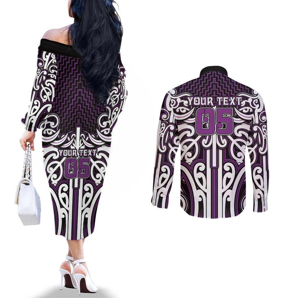 Custom Aotearoa Rangitane Couples Matching Off The Shoulder Long Sleeve Dress and Long Sleeve Button Shirt Maori Tribal Pattern Mix Poutama LT05 - Polynesian Pride