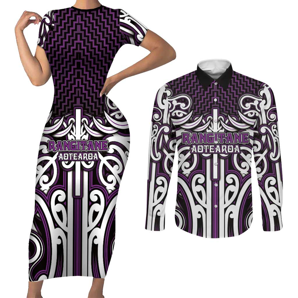 Custom Aotearoa Rangitane Couples Matching Short Sleeve Bodycon Dress and Long Sleeve Button Shirt Maori Tribal Pattern Mix Poutama LT05 Purple - Polynesian Pride