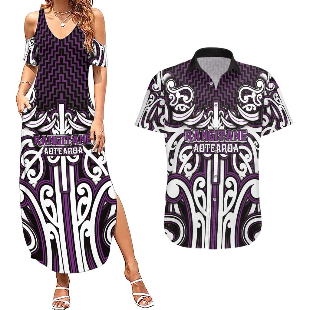 Custom Aotearoa Rangitane Couples Matching Summer Maxi Dress and Hawaiian Shirt Maori Tribal Pattern Mix Poutama LT05 Purple - Polynesian Pride
