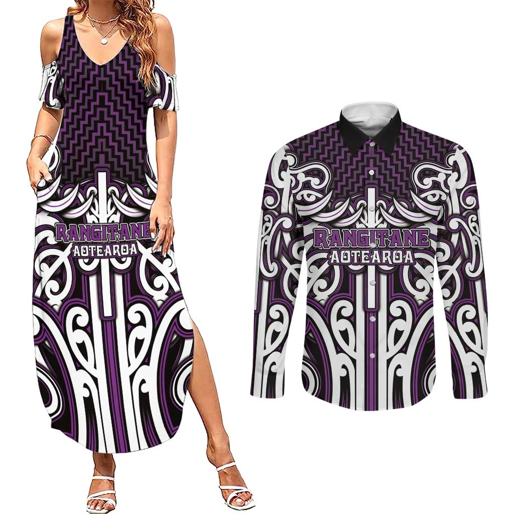 Custom Aotearoa Rangitane Couples Matching Summer Maxi Dress and Long Sleeve Button Shirt Maori Tribal Pattern Mix Poutama