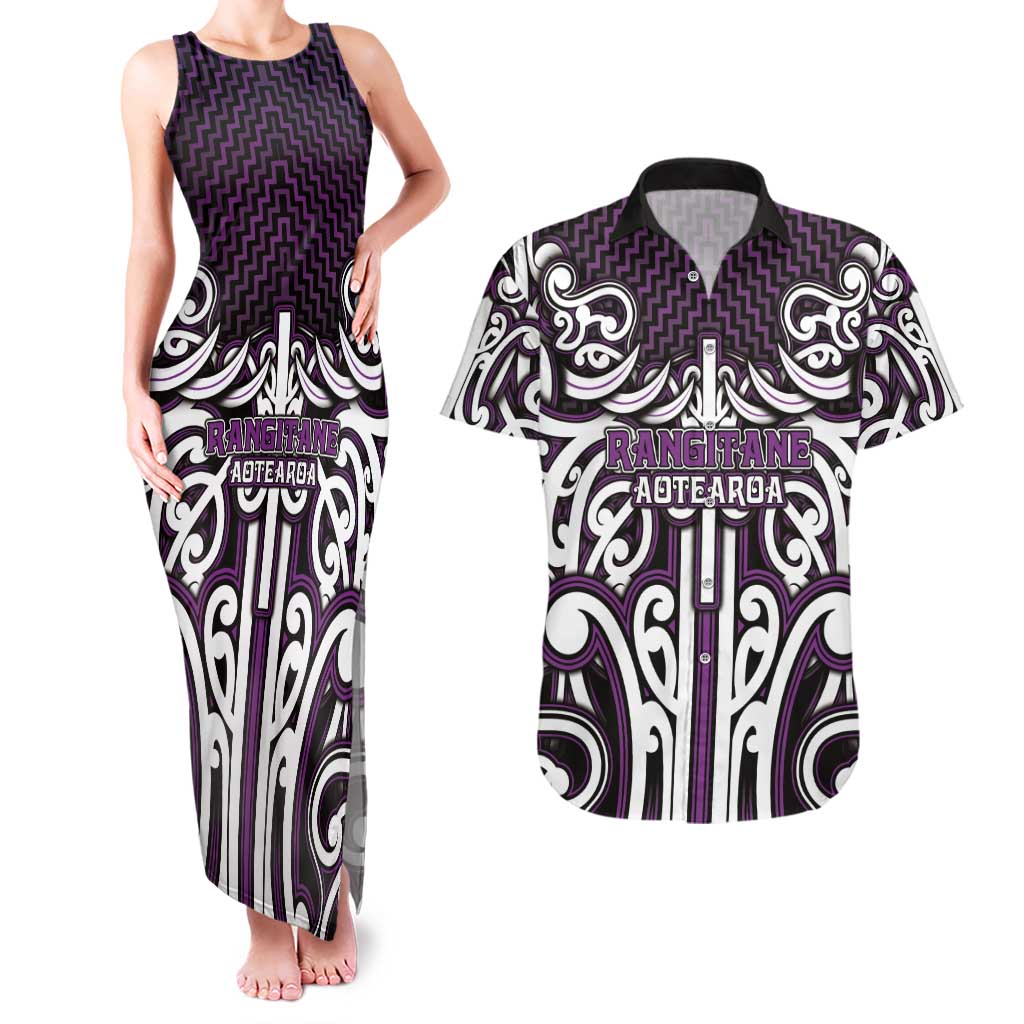 Custom Aotearoa Rangitane Couples Matching Tank Maxi Dress and Hawaiian Shirt Maori Tribal Pattern Mix Poutama LT05 Purple - Polynesian Pride
