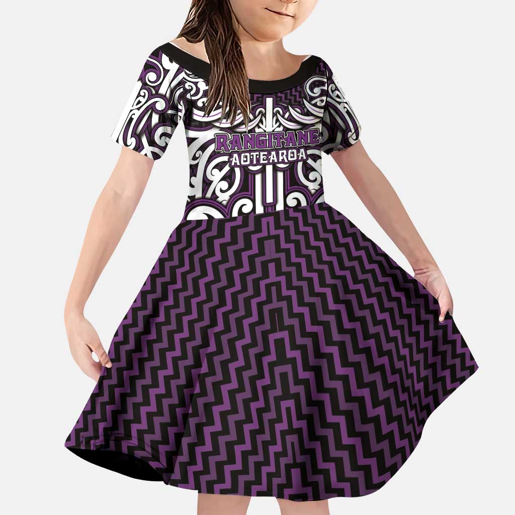 Custom Aotearoa Rangitane Family Matching Off Shoulder Maxi Dress and Hawaiian Shirt Maori Tribal Pattern Mix Poutama LT05 Daughter's Dress Purple - Polynesian Pride
