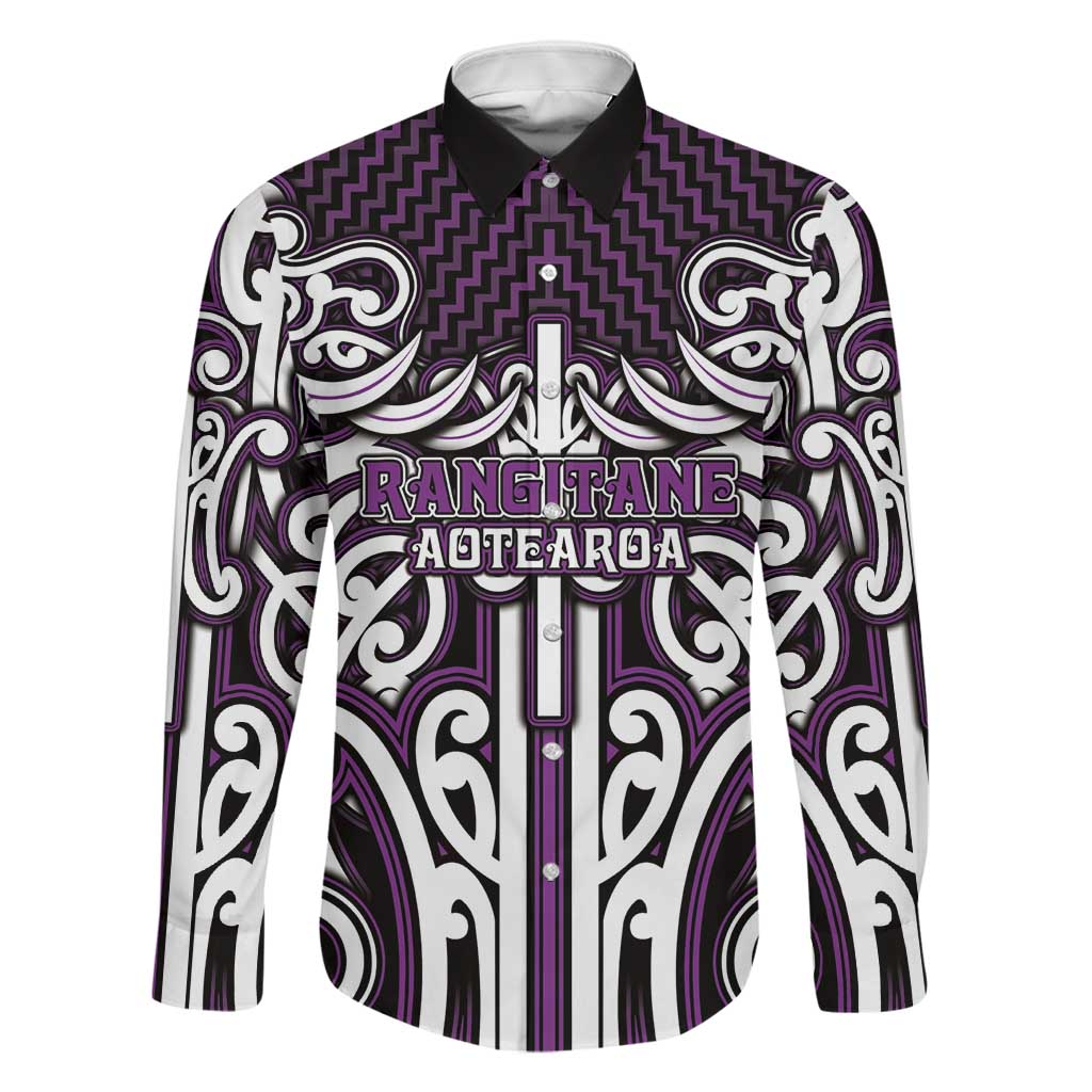 Custom Aotearoa Rangitane Family Matching Puletasi and Hawaiian Shirt Maori Tribal Pattern Mix Poutama LT05 Dad's Shirt - Long Sleeve Purple - Polynesian Pride