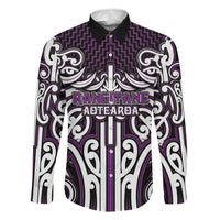Custom Aotearoa Rangitane Family Matching Puletasi and Hawaiian Shirt Maori Tribal Pattern Mix Poutama LT05 Dad's Shirt - Long Sleeve Purple - Polynesian Pride