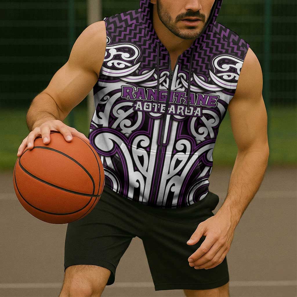 Custom Aotearoa Rangitane Sleeveless Zip Hoodie Maori Tribal Pattern Mix Poutama