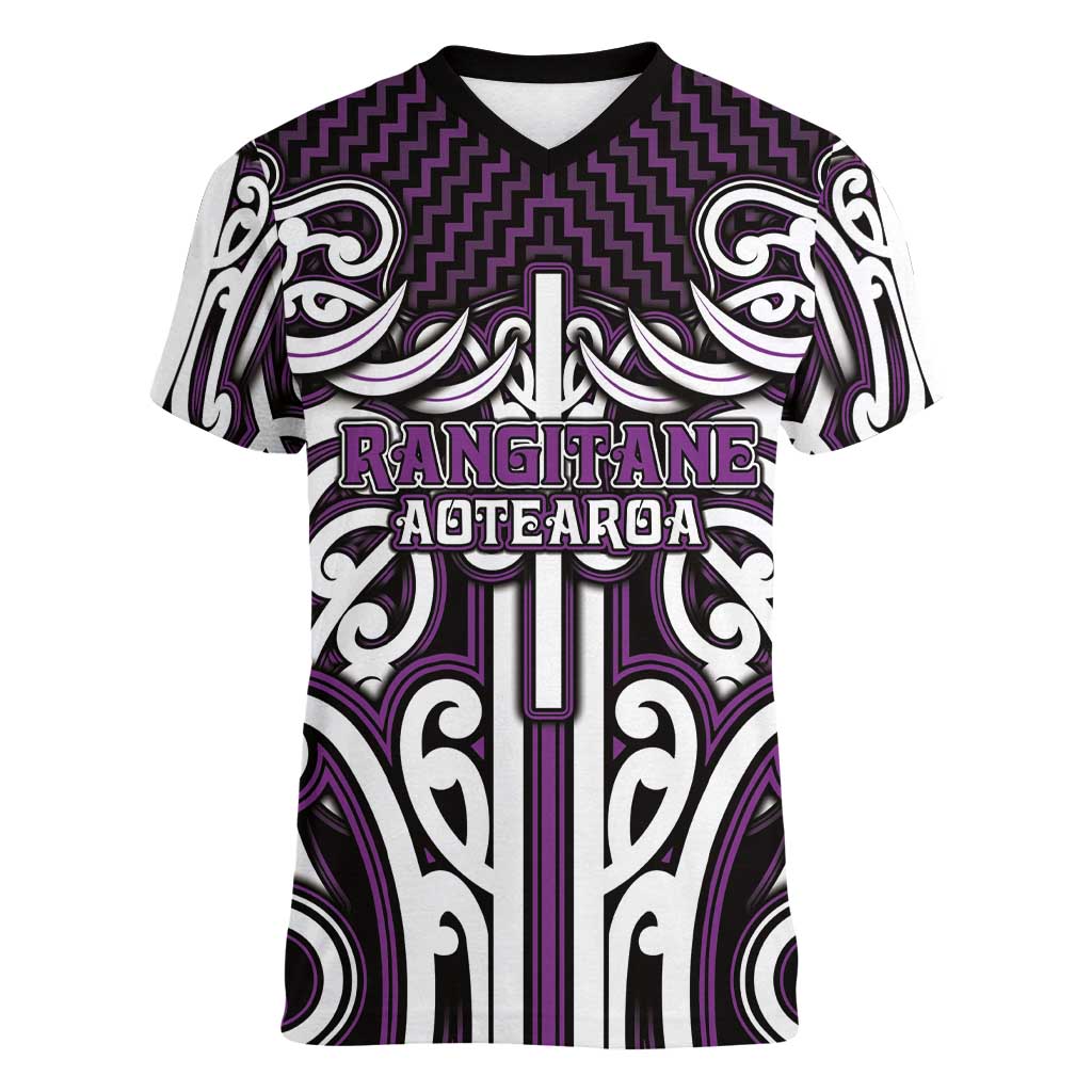 Custom Aotearoa Rangitane Women V-Neck T-Shirt Maori Tribal Pattern Mix Poutama LT05 Female Purple - Polynesian Pride