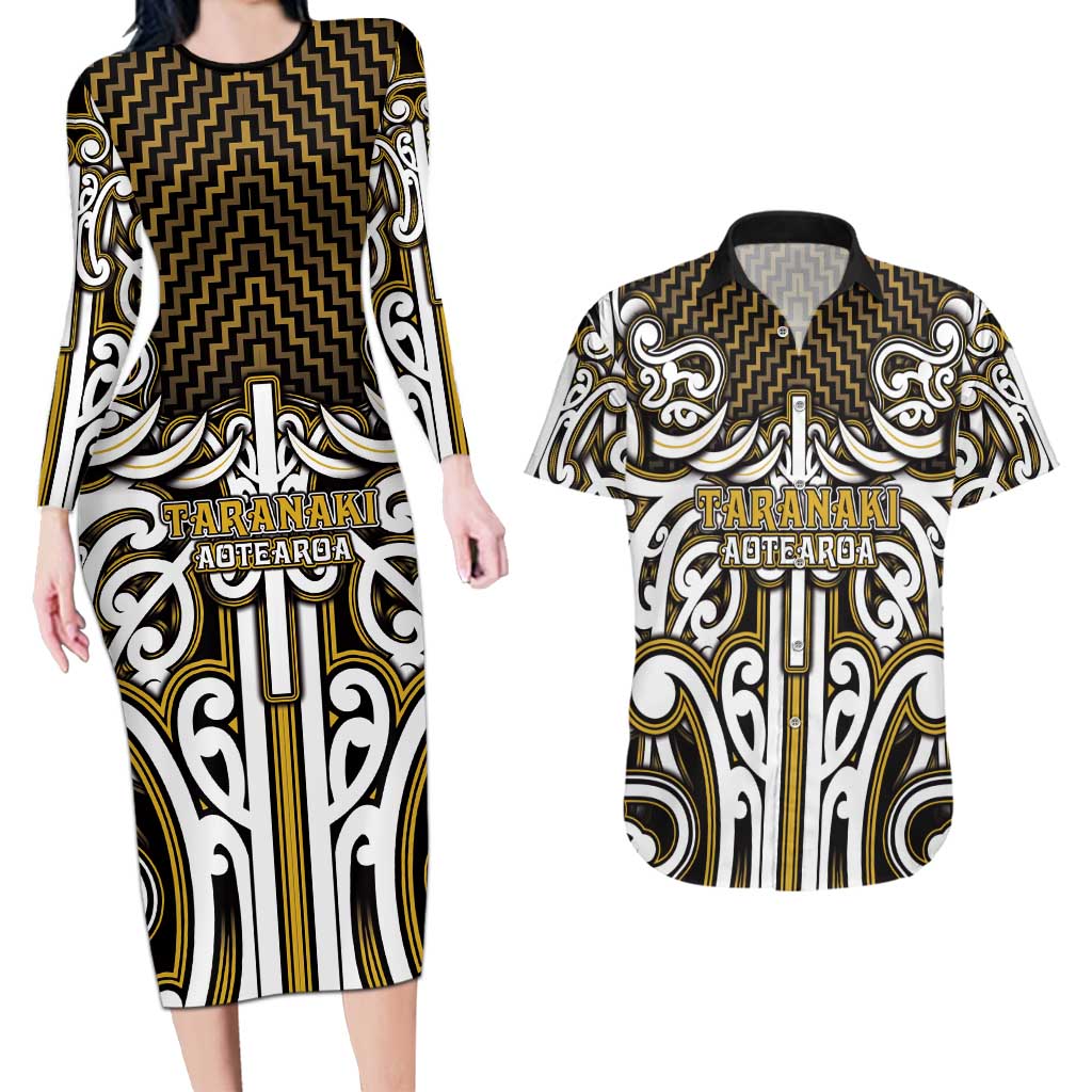 Custom Aotearoa Taranaki Couples Matching Long Sleeve Bodycon Dress and Hawaiian Shirt Maori Tribal Pattern Mix Poutama LT05 Yellow - Polynesian Pride