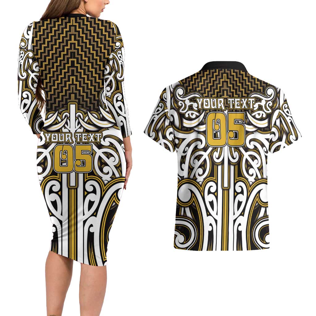 Custom Aotearoa Taranaki Couples Matching Long Sleeve Bodycon Dress and Hawaiian Shirt Maori Tribal Pattern Mix Poutama