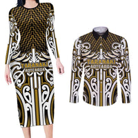 Custom Aotearoa Taranaki Couples Matching Long Sleeve Bodycon Dress and Long Sleeve Button Shirt Maori Tribal Pattern Mix Poutama LT05 Yellow - Polynesian Pride
