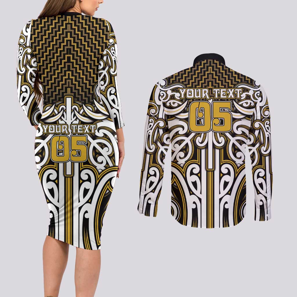 Custom Aotearoa Taranaki Couples Matching Long Sleeve Bodycon Dress and Long Sleeve Button Shirt Maori Tribal Pattern Mix Poutama LT05 - Polynesian Pride