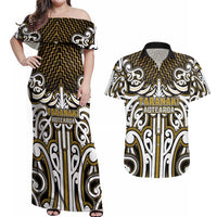 Custom Aotearoa Taranaki Couples Matching Off Shoulder Maxi Dress and Hawaiian Shirt Maori Tribal Pattern Mix Poutama LT05 Yellow - Polynesian Pride