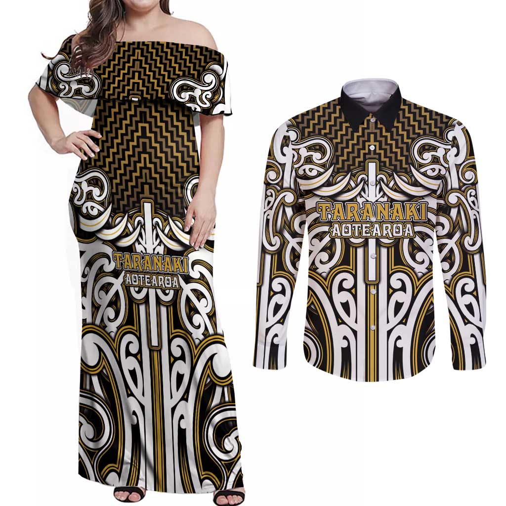 Custom Aotearoa Taranaki Couples Matching Off Shoulder Maxi Dress and Long Sleeve Button Shirt Maori Tribal Pattern Mix Poutama LT05 Yellow - Polynesian Pride
