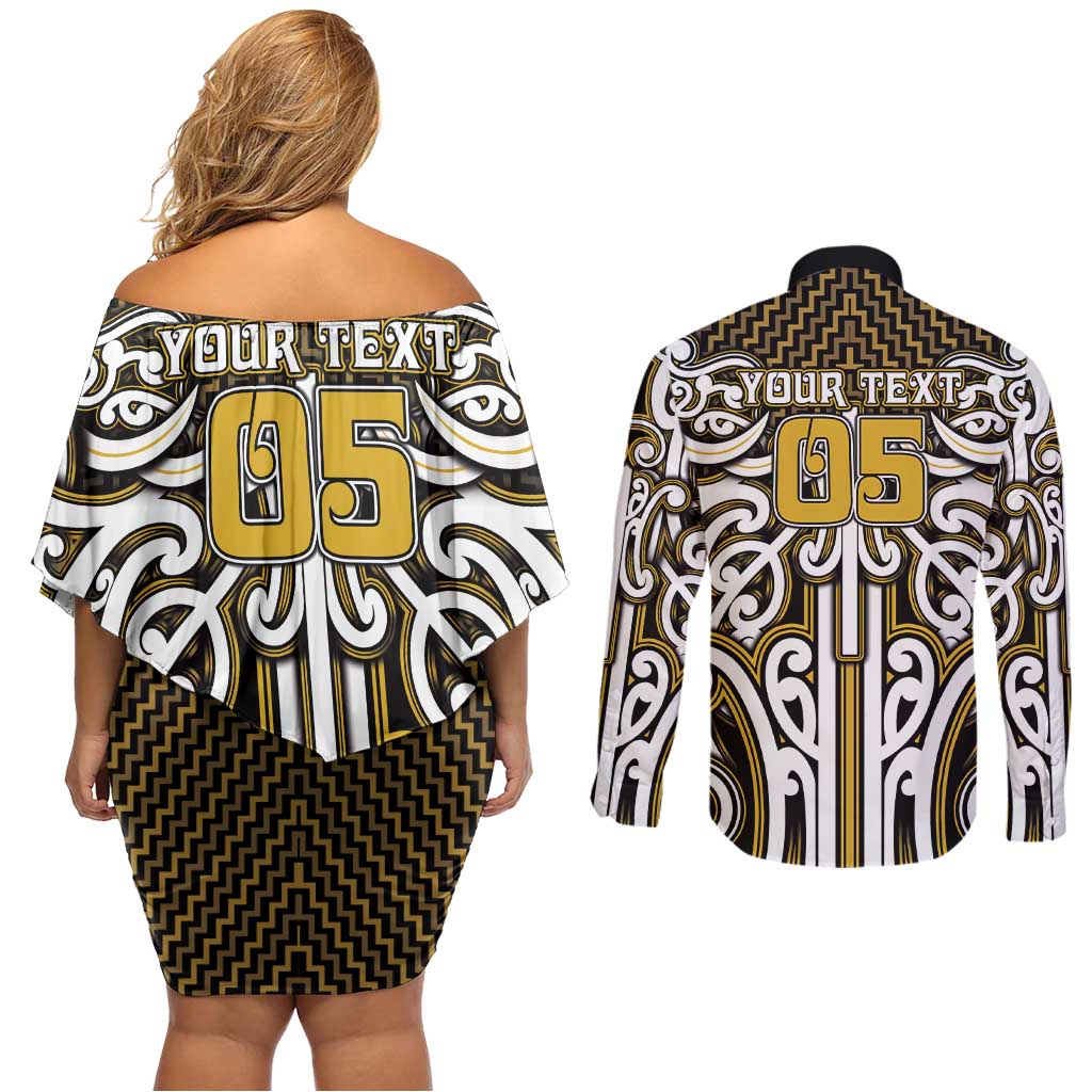 Custom Aotearoa Taranaki Couples Matching Off Shoulder Short Dress and Long Sleeve Button Shirt Maori Tribal Pattern Mix Poutama