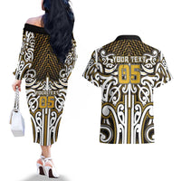 Custom Aotearoa Taranaki Couples Matching Off The Shoulder Long Sleeve Dress and Hawaiian Shirt Maori Tribal Pattern Mix Poutama