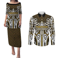Custom Aotearoa Taranaki Couples Matching Puletasi and Long Sleeve Button Shirt Maori Tribal Pattern Mix Poutama LT05 Yellow - Polynesian Pride