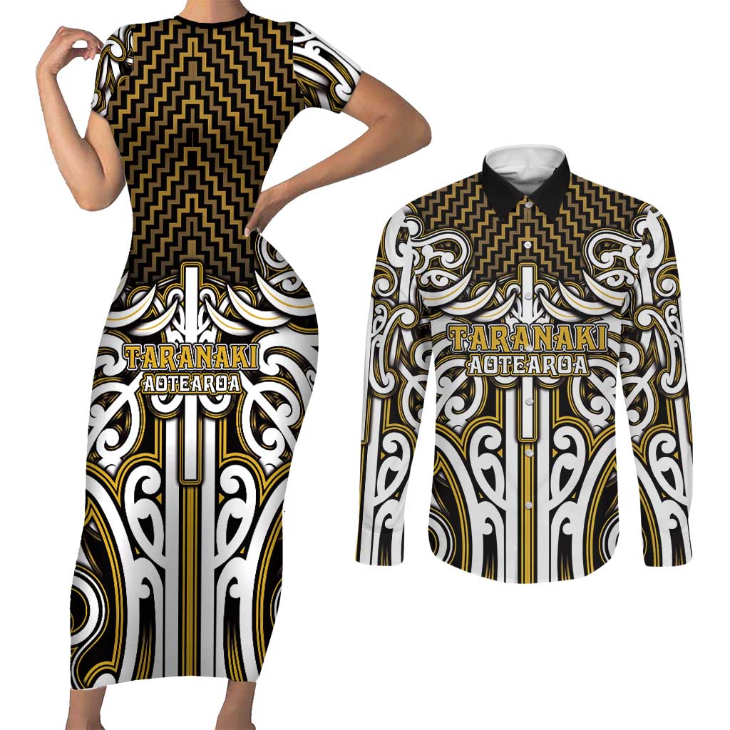 Custom Aotearoa Taranaki Couples Matching Short Sleeve Bodycon Dress and Long Sleeve Button Shirt Maori Tribal Pattern Mix Poutama LT05 Yellow - Polynesian Pride
