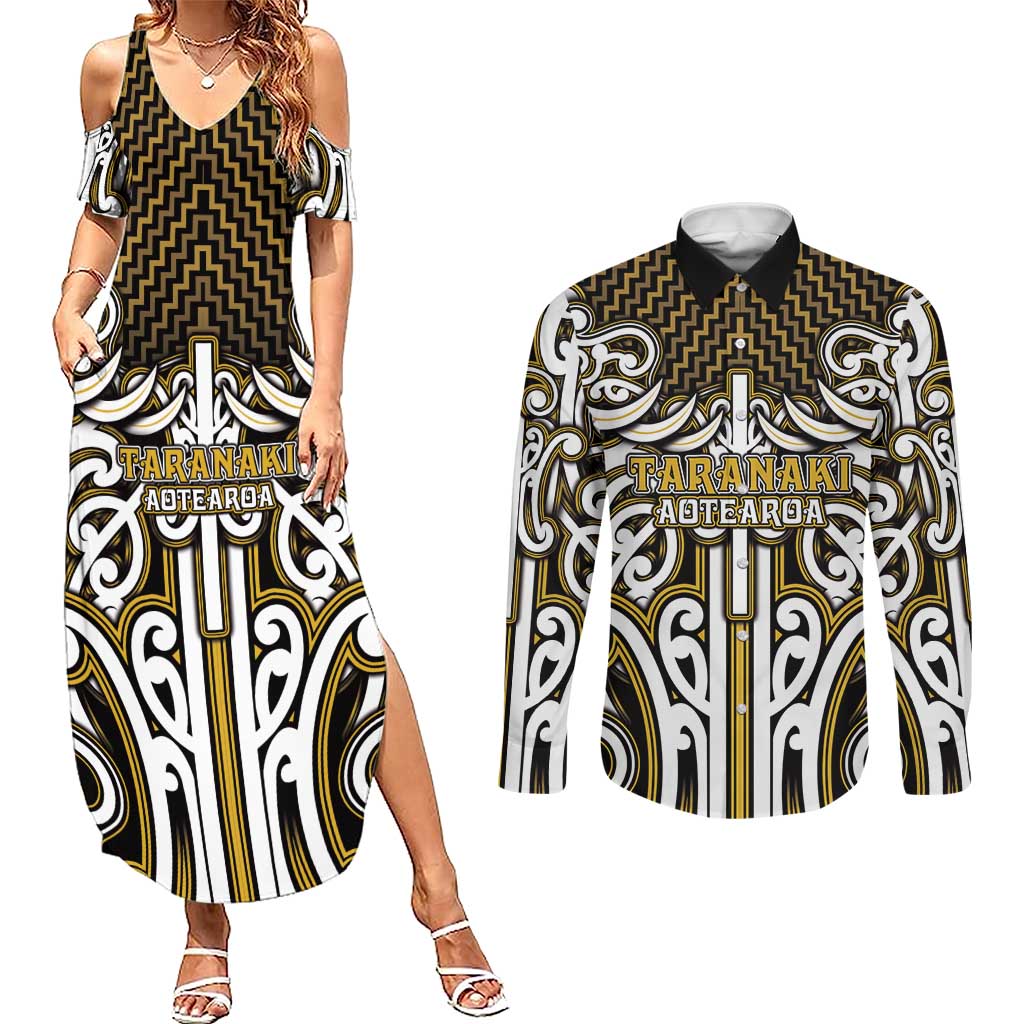 Custom Aotearoa Taranaki Couples Matching Summer Maxi Dress and Long Sleeve Button Shirt Maori Tribal Pattern Mix Poutama LT05 Yellow - Polynesian Pride
